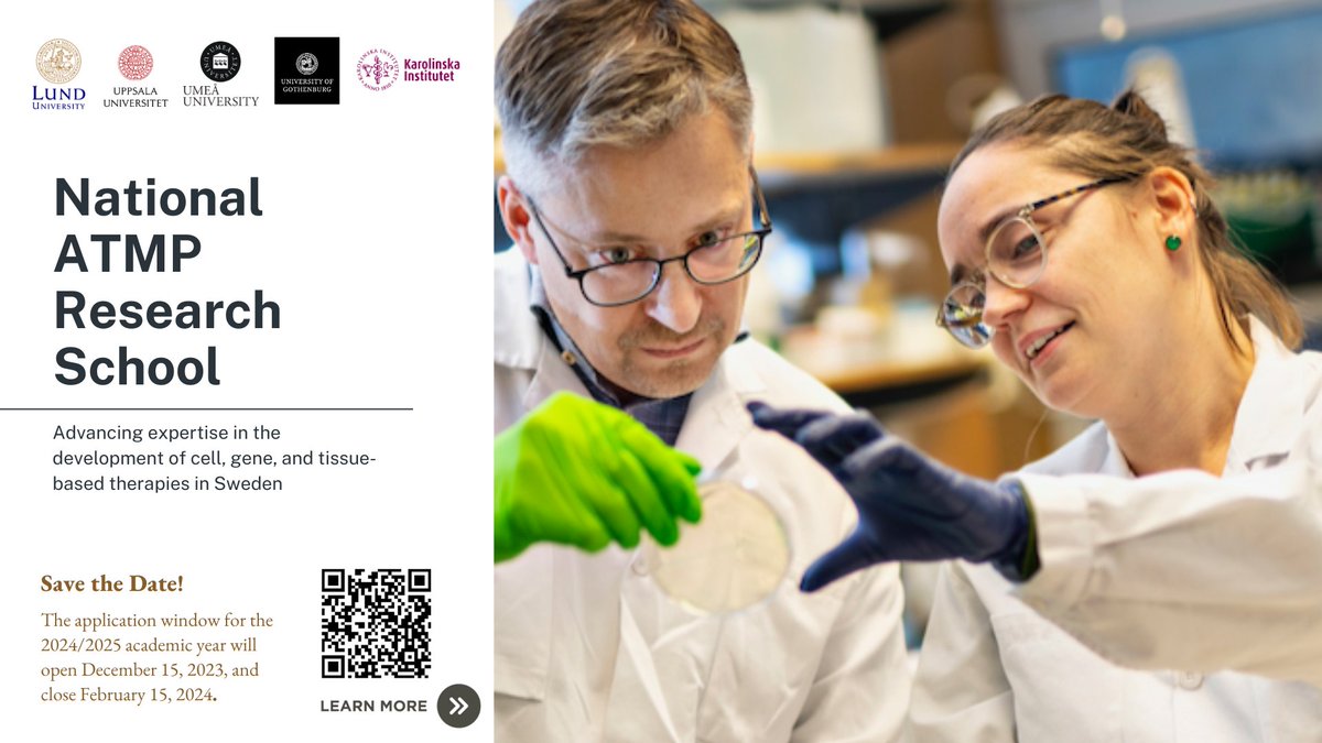 📢 Open Call for Applications: The National ATMP Research School in #Sweden will soon be accepting applications for the upcoming academic year! The application window will be open from 15 December, 2023 to 15 February, 2024. Mark your calendars! (1/3) 👉stemcellcenter.lu.se/atmp-research-…