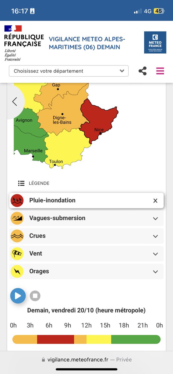 🔴⛈️ Vigilance rouge « pluie-inondation » dans les #AlpesMaritimes vendredi 20 octobre 2023 de 4h a 10h
🚫 L’ensemble des établissements scolaires du département seront fermés pour la journée de demain.