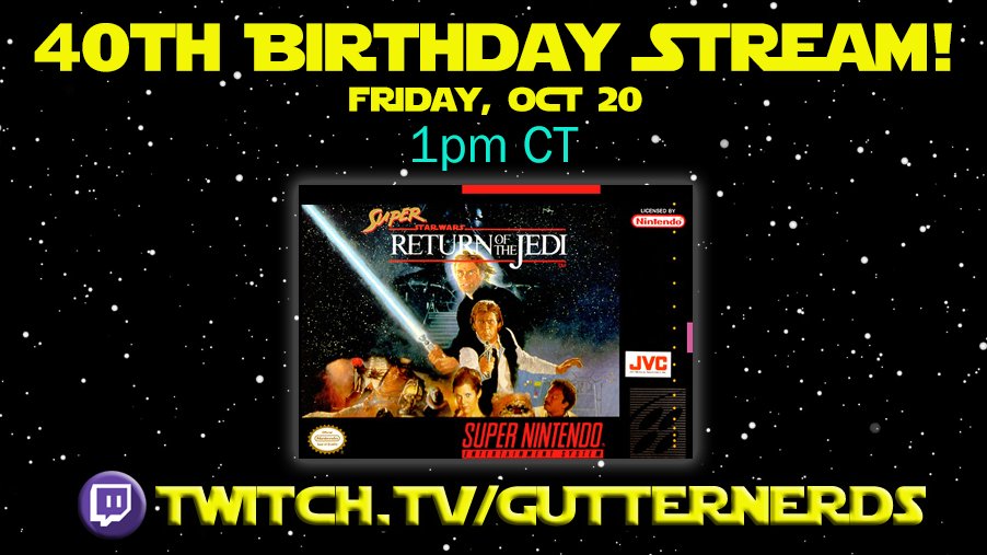 Join me on my birthday stream this week and we'll move forward with some Retro Star Wars from the SNES era! See you then! #Retro #SNES #StarWars #Twitch #BirthdayStream
