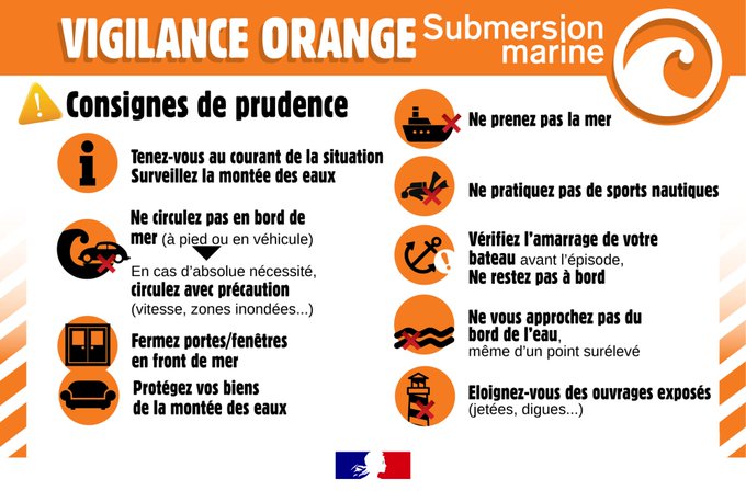 #METEO83 | Dans la nuit de jeudi à vendredi, le Var passe en vigilance ORANGE vagues-submersion.
> Vérifiez l'amarrage de votre bateau
> Protégez vos biens d'une possible montée des eaux en front de mer
> Ne prenez pas la mer
> Prudence sur le littoral
Respectez les consignes⤵️