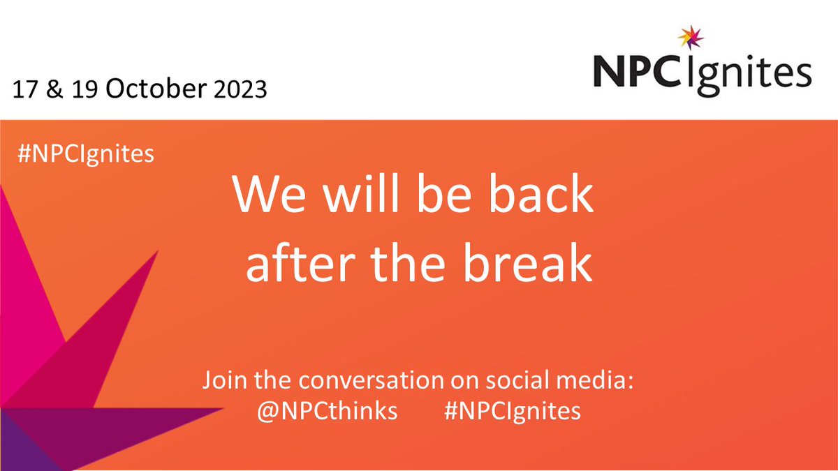 We’ll be back at 4.30pm for our final session of #NPCIgnites 2023 exploring the #AI and #data revolution in the social sector with Neil Giles from @STOPTHETRAFFIK, Laura Hamzic from @BrookCharity, Katie Rose from @CPI_foundation, and @TGyateng from Data, Tech & Black Communities