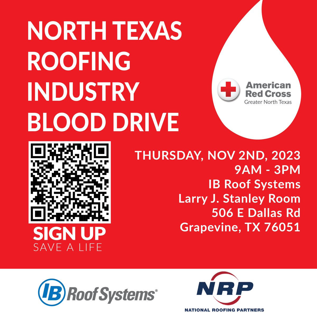 🩸✨ Join us for a life-saving event! ✨🩸 
We're proud to support the American Red Cross North Texas Roofing Industry Blood Drive, hosted by IB Roof Systems on November 2. 💪❤️ 
 
Every drop counts and your contribution can make a world of difference.