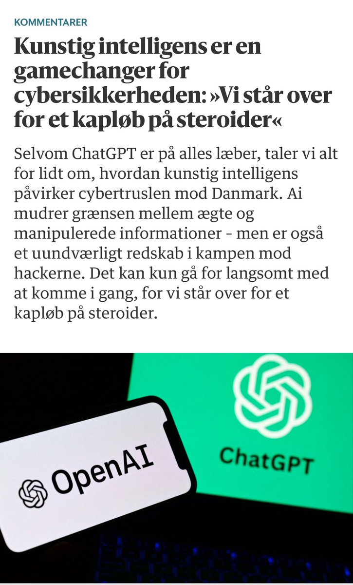 Jeg har skrevet en bette klumme om AI og cybersikkerhed samme med skarpe <a href="/jeppeteglskov/">Jeppe Jacobsen</a>. Et kapløb på steroider kalder vi det. Læs med i dagens Berlingske. berlingske.dk/kommentarer/ku…