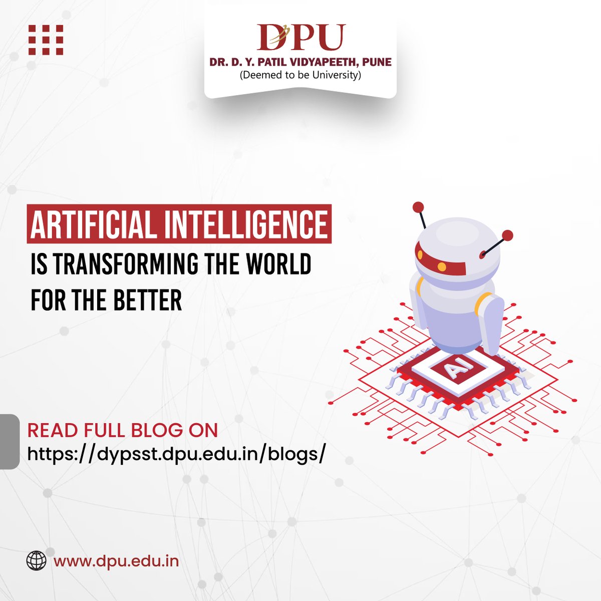 DPUPune's tweet photo. Artificial Intelligence or AI technologies help us with task automation, data analysis, better decision making &amp; many more things that transform the world.

Read Full Blog On:- https://t.co/vCPMsS9jCl

Follow &amp; Like For Daily Updates
.
.
.
.
.
#sst #dpu #science #schoolofscience https://t.co/HmC7nHRlvv