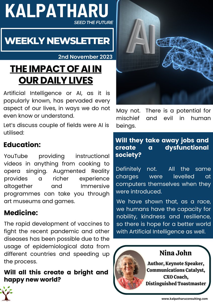 Weekly Newsletter!!

THE IMPACT OF AI IN OUR DAILY LIVES!!!

Click here to checkout our other newsletters-  bit.ly/KTNL0211

#AI #artificialintelligence #ImpactOfAI #education #medicine #dailylives #kalpatharu #Kalpatharuconsulting