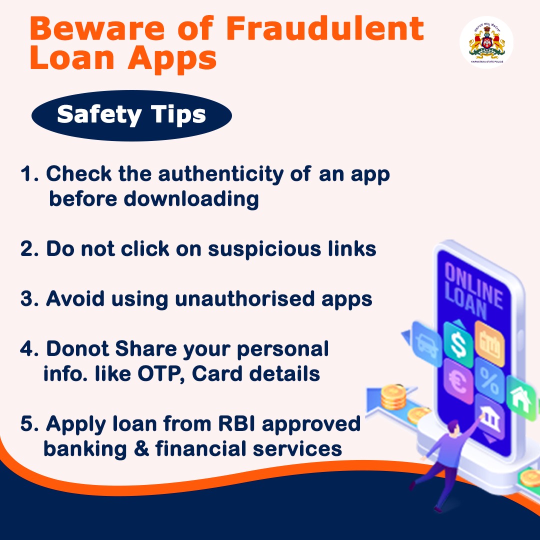 ಸಾಲ ನೀಡುವ ಅಪರಿಚಿತ, ಸಂದೇಹಾತ್ಮಕ ಆಪ್ ಹಾಗೂ ಲಿಂಕ್ ಗಳ ಮೇಲೆ ಕ್ಲಿಕ್ ಮಾಡದಿರಿ.

ಆನ್ ಲೈನ್ ವ್ಯವಹರಿಸುವಾಗ ಎಚ್ಚರಿಕೆಯಿಂದಿರಿ.

#CyberSecurity