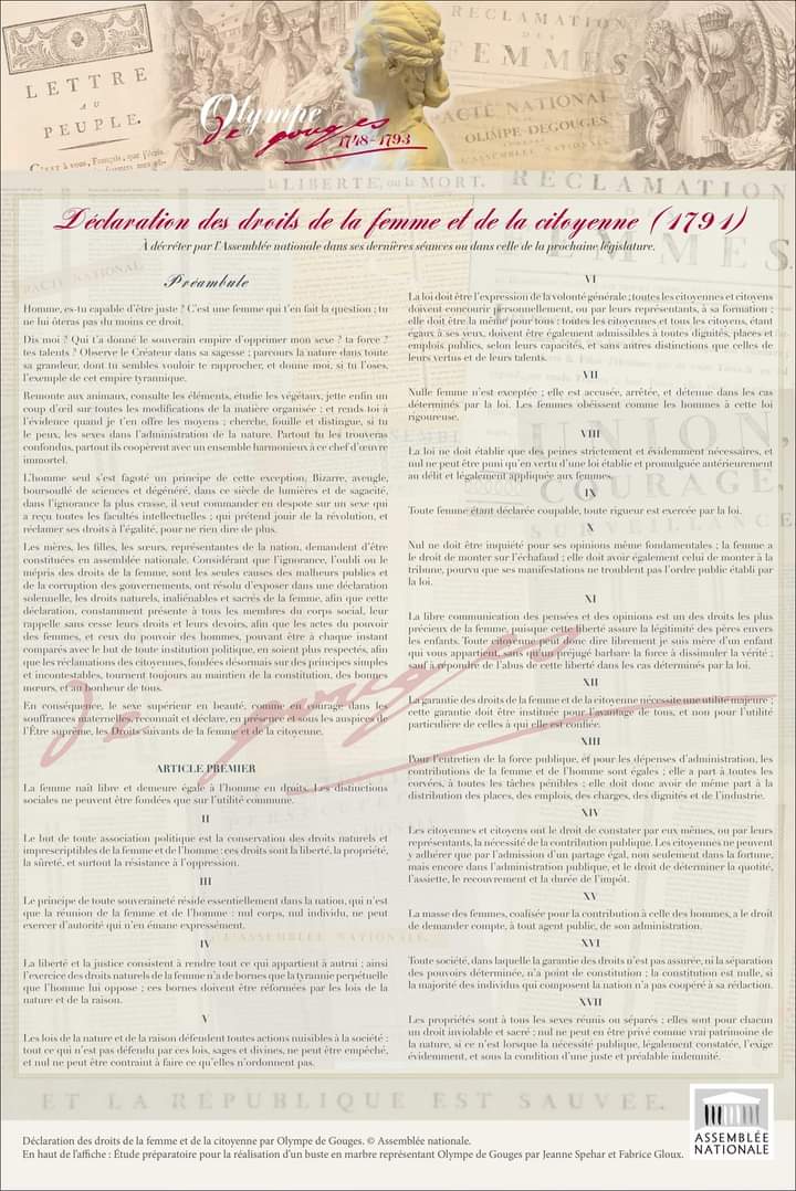 AlternatifWorld's tweet image. ✨Célébrons Olympe de Gouges 💜 &amp;amp; le 232è anniversaire d: "La déclaration d la femme &amp;amp; d la citoyenne" .✨
#OlympeDeGouges
#féminisme
#humaniste
#abolitionniste
Elle rédigea le 5 septembre 1791," La déclaration de la femme et de la citoyenne" .
Elle fut guillotinée le 3 Nov 1793