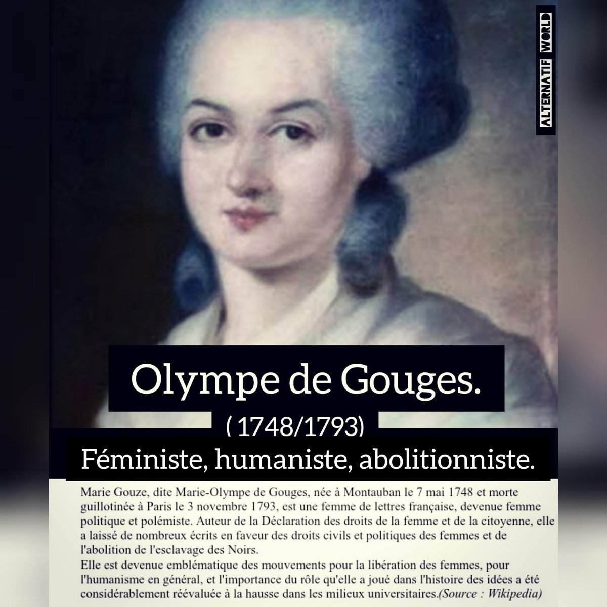AlternatifWorld's tweet image. ✨Célébrons Olympe de Gouges 💜 &amp;amp; le 232è anniversaire d: "La déclaration d la femme &amp;amp; d la citoyenne" .✨
#OlympeDeGouges
#féminisme
#humaniste
#abolitionniste
Elle rédigea le 5 septembre 1791," La déclaration de la femme et de la citoyenne" .
Elle fut guillotinée le 3 Nov 1793