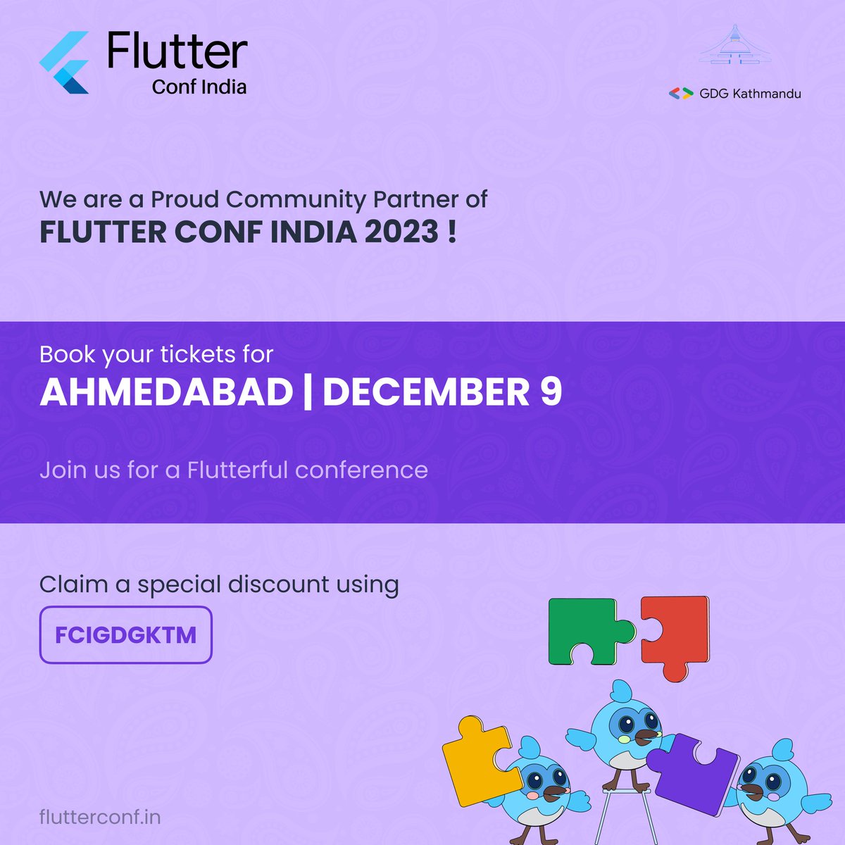 gdgkathmandu's tweet image. GDG Kathmandu is excited to be the community partner of Flutter Conf India.

🤑Use our exclusive coupon code: *FCIGDGKTM*
🤝Meet us at the event by getting your ticket: flutterconf.in

#flutterconf #flutter @AbhishekDoshi26 @flutterconfin