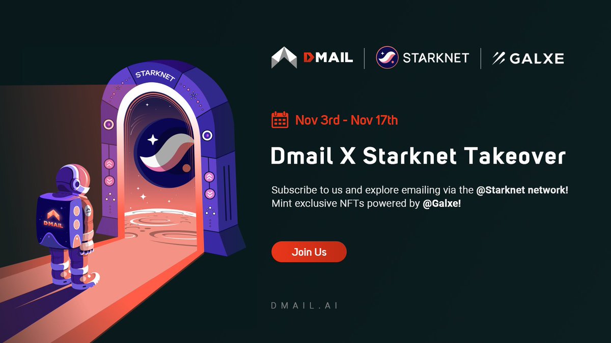 🚀 Dive into the Dmail x Starknet Takeover today! 🚀

📅 Event Duration: Nov 3rd - Nov 17th

Subscribe to us and explore emailing via the <a href="/Starknet/">Starknet 🐺🐱</a> network!

Mint exclusive NFTs powered by <a href="/Galxe/">Galxe</a>!

Participate at galxe.com/dmail/campaign…