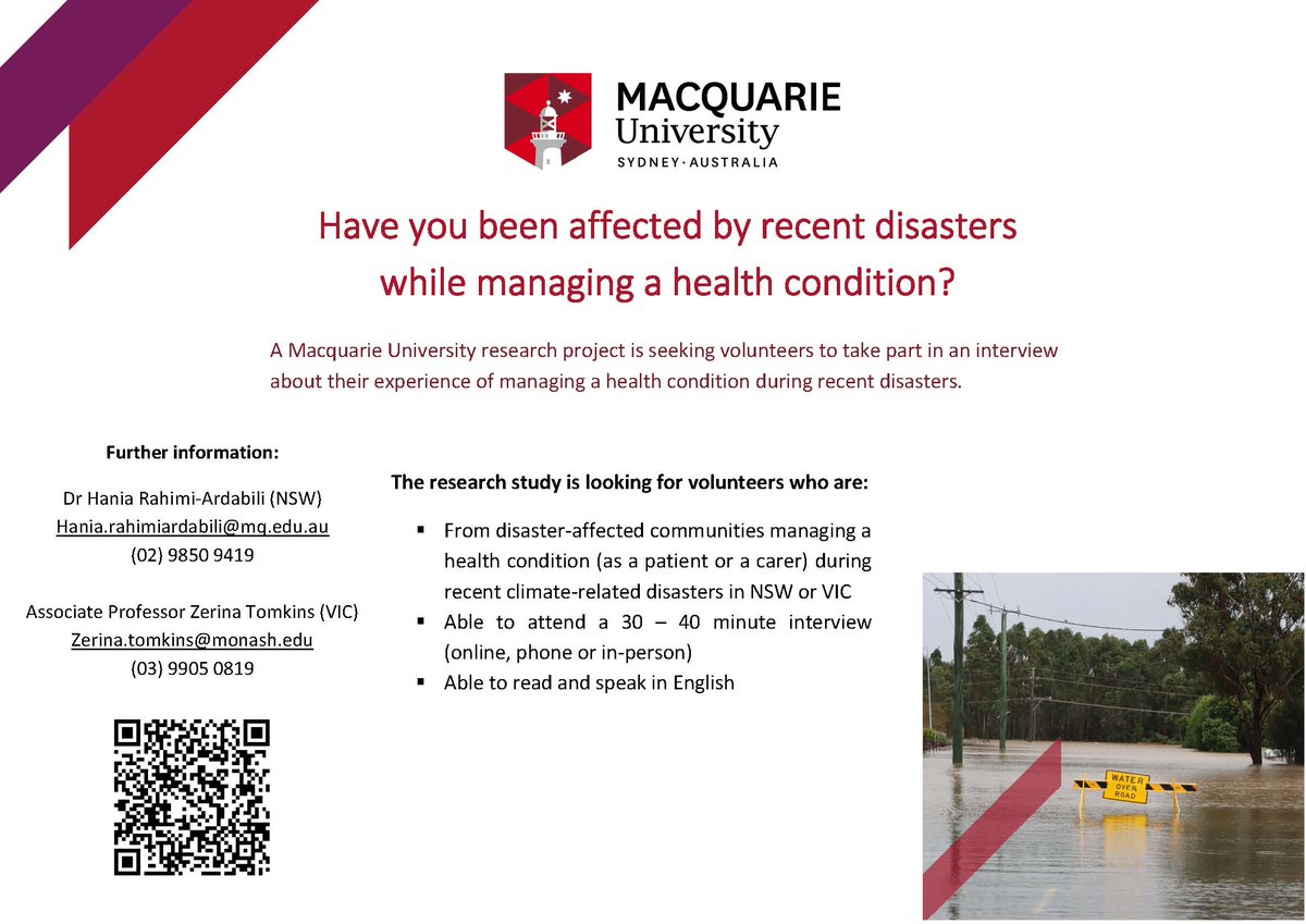 Hania Rahimi-Ardabili, PhD (@haniarahimi) on Twitter photo Have you been affected by natural disasters while managing a health condition? We invite you to share your experience with us. Learn more: shorturl.at/acot2
#ClimateCrisis #floods #bushfires #researchstudy
<a href="/Macquarie_Uni/">Macquarie University</a> <a href="/MonashUni/">Monash University</a> <a href="/TomkinsZerina/">Zerina (@climatezerina.bsky.social)</a> <a href="/EnricoCoiera/">Enrico Coiera</a> <a href="/AIHI_MQ/">Australian Institute of Health Innovation</a> Have you been affected by natural disasters while managing a health condition? We invite you to share your experience with us. Learn more: shorturl.at/acot2
#ClimateCrisis #floods #bushfires #researchstudy
<a href="/Macquarie_Uni/">Macquarie University</a> <a href="/MonashUni/">Monash University</a> <a href="/TomkinsZerina/">Zerina (@climatezerina.bsky.social)</a> <a href="/EnricoCoiera/">Enrico Coiera</a> <a href="/AIHI_MQ/">Australian Institute of Health Innovation</a>