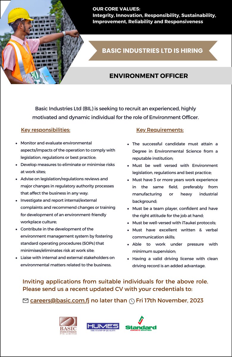 Seeking to recruit an experienced, highly motivated &amp; dynamic individual for the role of Environment Officer.
Please send applications to careers@basic.com.fj no later than Fri 17th November, 2023
#jobsfiji #jobsinfiji #jobsearch #fijijobs #teamFiji