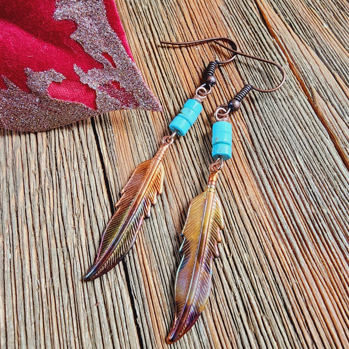 Flame painted patina with genuine turquoise gemstone Heishi beads.  bulletsbeadsbaubles.etsy.com/listing/160131…