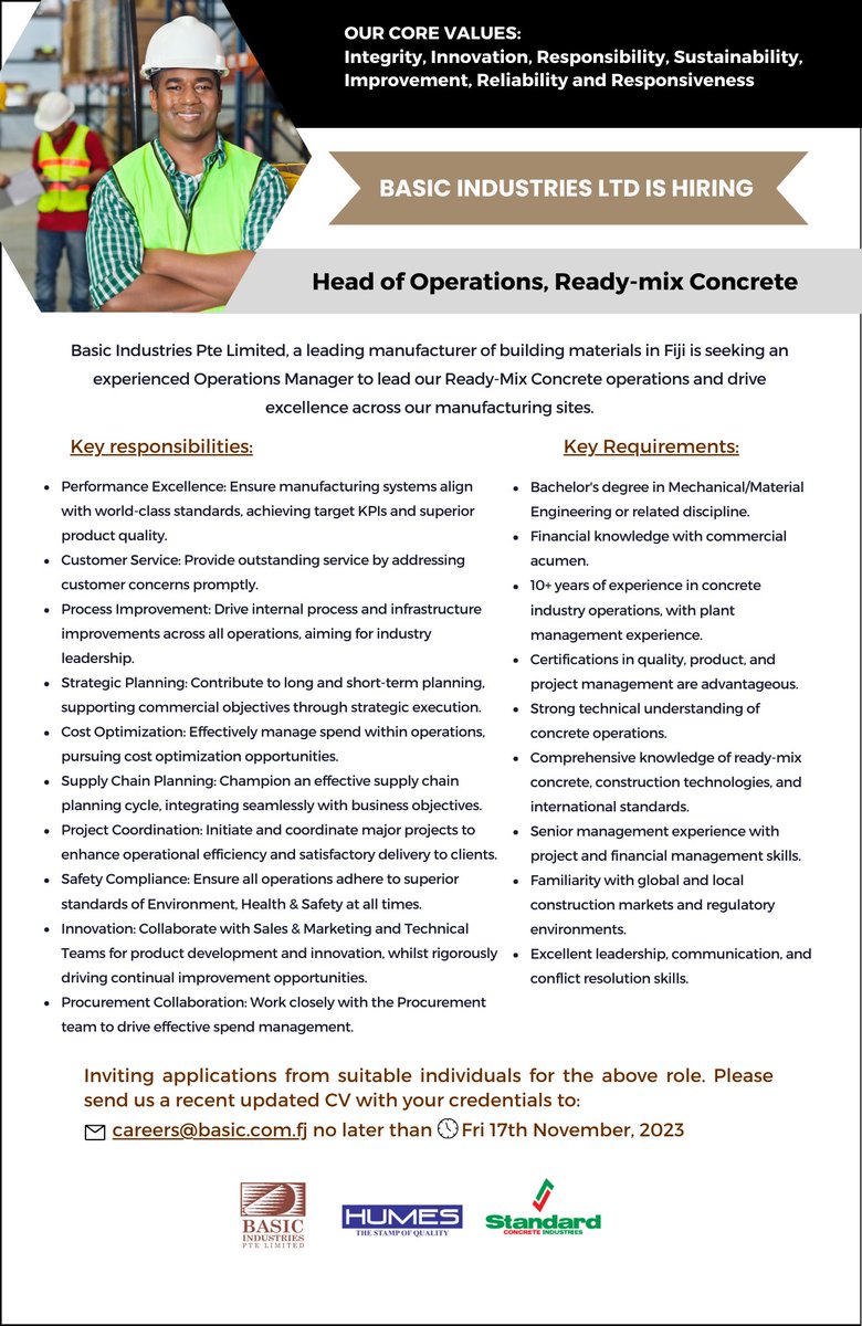 We're a leading manufacturer of building materials in Fiji &amp; seeking an experienced Head of Operations to lead our Ready-Mix Concrete operations &amp; drive excellence across our manufacturing sites. #jobsfiji #jobsinfiji #jobsearch #fijijobs #jobopportunity #teamFiji