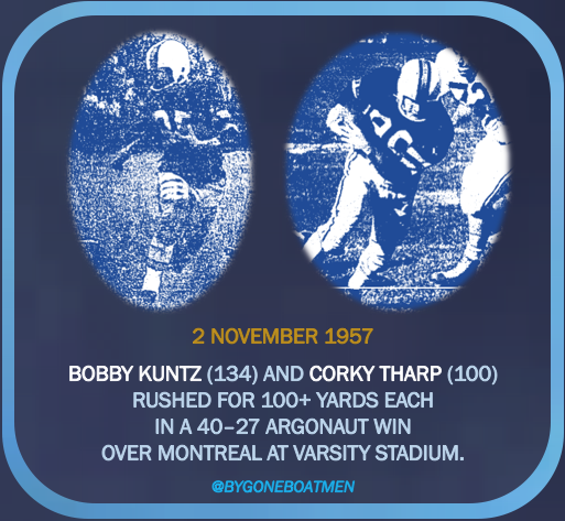 BygoneBoatmen's tweet photo. Offhand, I'm not sure if this feat was ever duplicated by another Argo tandem: possibly Symons and Raimey?
Bobby Kuntz didn't get all that much opportunity to play on offence, but he rarely failed to make the most of the chances he was given.
#Argos150 #PullTogether #YeaArgos https://t.co/WStUmFPKGt