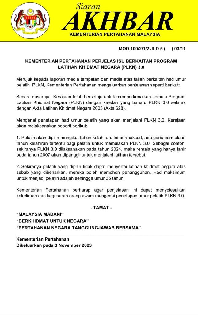 [Kenyataan Media] Kementerian Pertahanan Perjelas Isu Berkaitan Program Latihan Khidmat Negara (PLKN) 3.0

#MinDefMalaysia
#MinDefUpdate