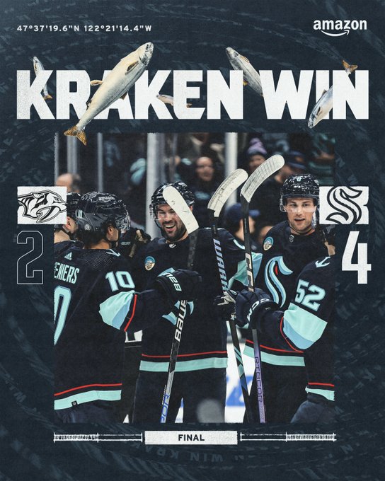 final score graphic featuring team celebrating goal fishes on flying around the picture score was 4-2, kraken! 