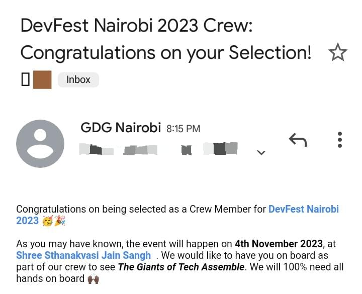 The only emails I am manifesting🙏😂😂
I will be volunteering at DevFest Nairobi 2023, I am truly honored to be given this opportunity. Y'all better show up tomorrow. <a href="/GDG_Nairobi/">GDG Nairobi #DevFestNairobi2025</a> never play when it comes to hosting the best tech events🥳🥳

#DevFest2023 
#DevFestNairobi 
#AI