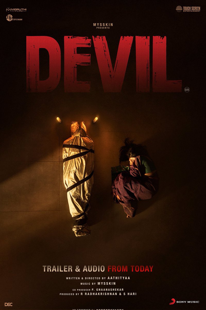 #Devil Audio & Trailer from today. 

Music : #Mysskin     
Written & Direction : Aathityaa     
Starring : Vidharth - Poorna