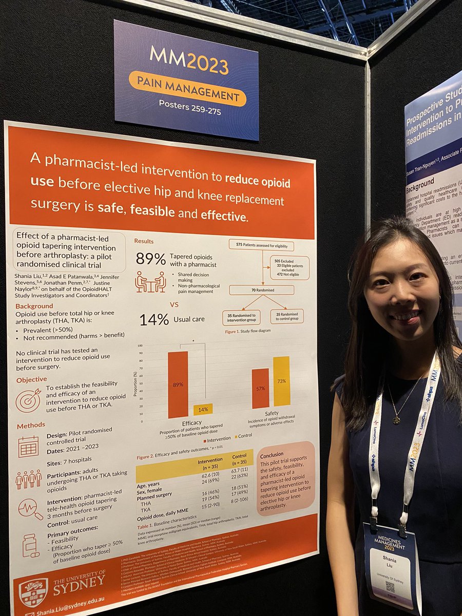 I’m excited to be at the @the_shpa #MM2023 Conference sharing my work on a #pharmacist-led intervention to #taper #opioids before hip and knee replacement! @JonPenm @sidpatan @Sydney_Uni