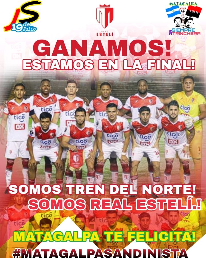 Felicidades <a href="/realestelifc/">Real Estelí FC</a> Estamos En La Final de La #CopaCentroamericana🏆🏆🏆
Viva Nicaragua 🇳🇮!!
Somos Tren 🚂🚂🚂🚂🔴⚪