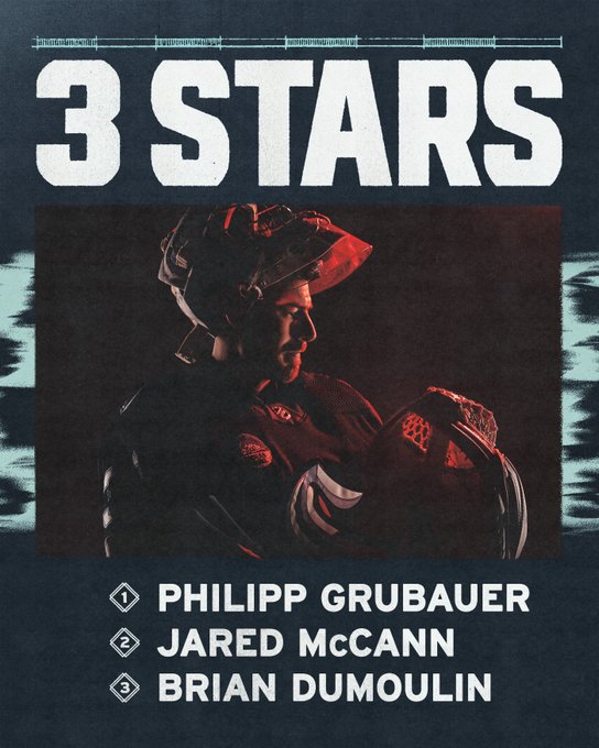 3 stars graphic featuring image of grubauer first star: philipp grubauer second star: jared mccann third star: brian dumolin