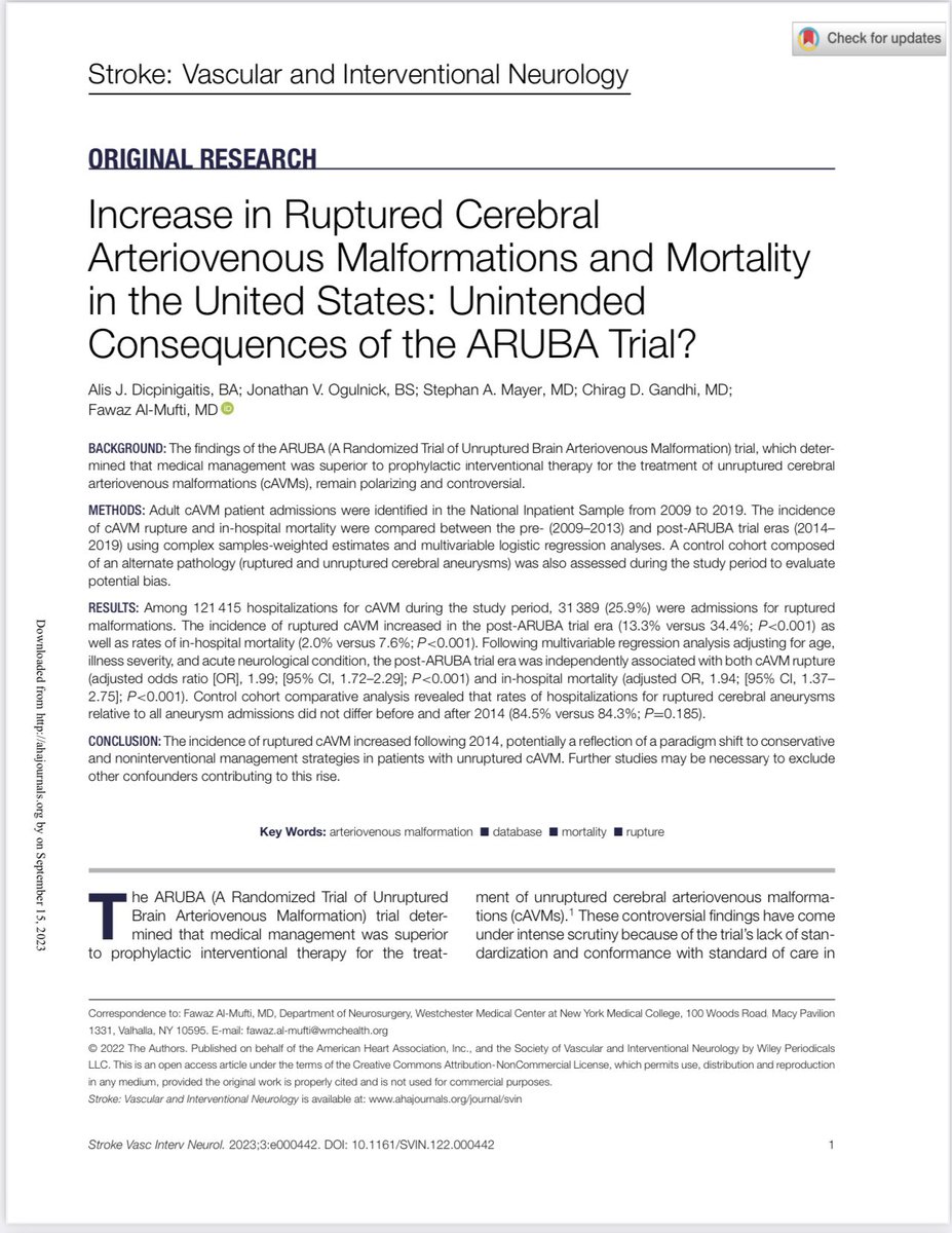 Un-intended consequences of ARUBA trial: following ARUBA, there bas been an increase in the number of AVM rupture admissions. Will this change clinical practice back to treating unruptured AVMs?