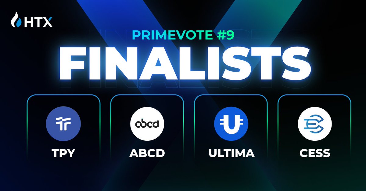 🏆Congrats PrimeVote #9 
Preliminary Winners: 

🔹 $TPY   @Thrupennydefi 
🔹 $ABCD @aiblockchaincan 
🔹 $ULTIMA @UltimaEcosystem  
🔹 $CESS @CESS_Storage 

#HTX Final Voting Is Now! 

Vote Now: huobi.com.bo/en-us/assetact…