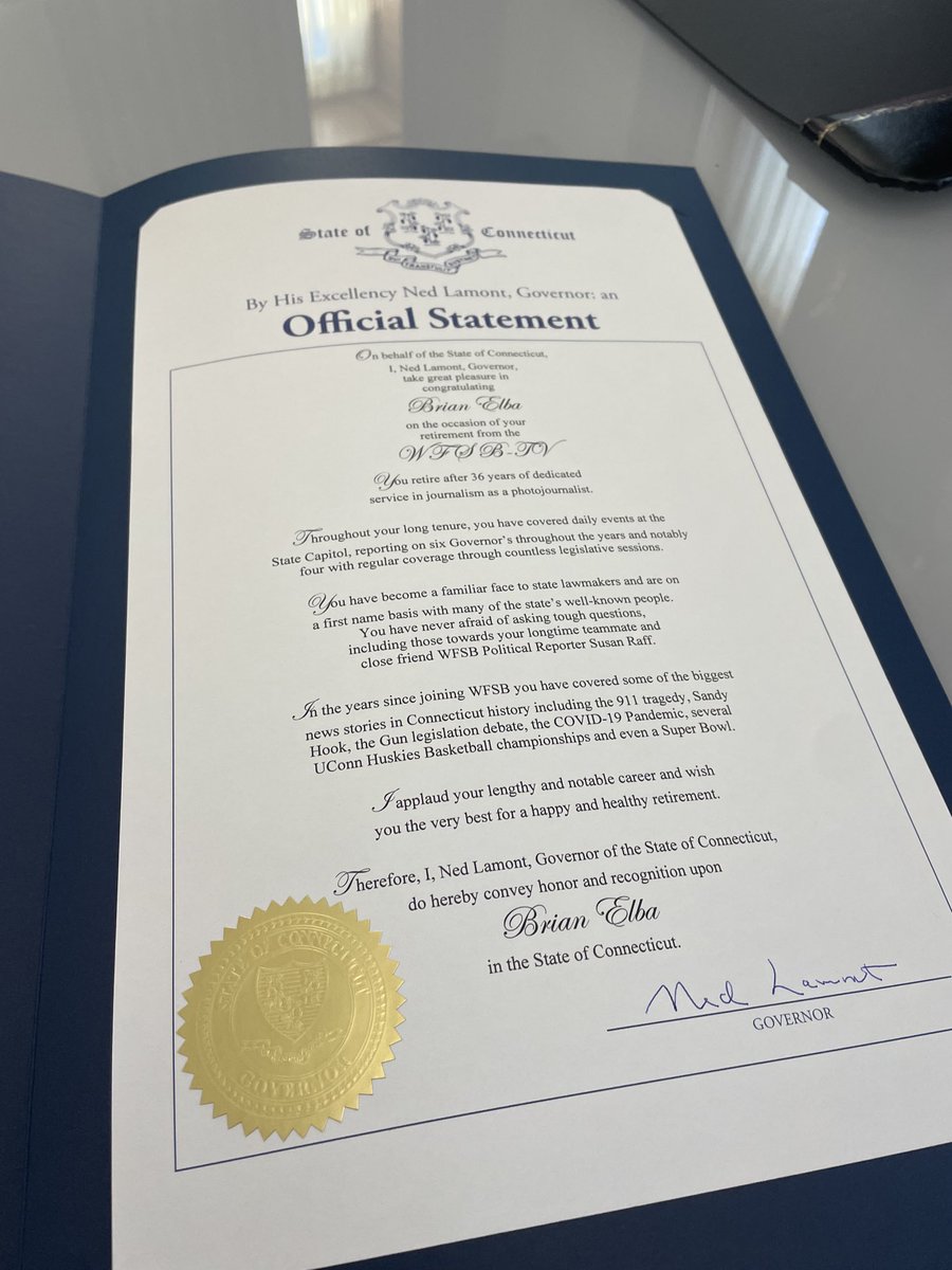 CT Governor Ned Lamont recognizes WFSB photographer Brian Elba who is retiring after 36 years covering the state