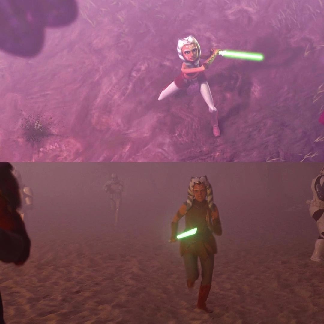 The first flashback in the Ahsoka series is actually from one of their  first battles. From the animated film The Clone Wars, Battle of Teth.