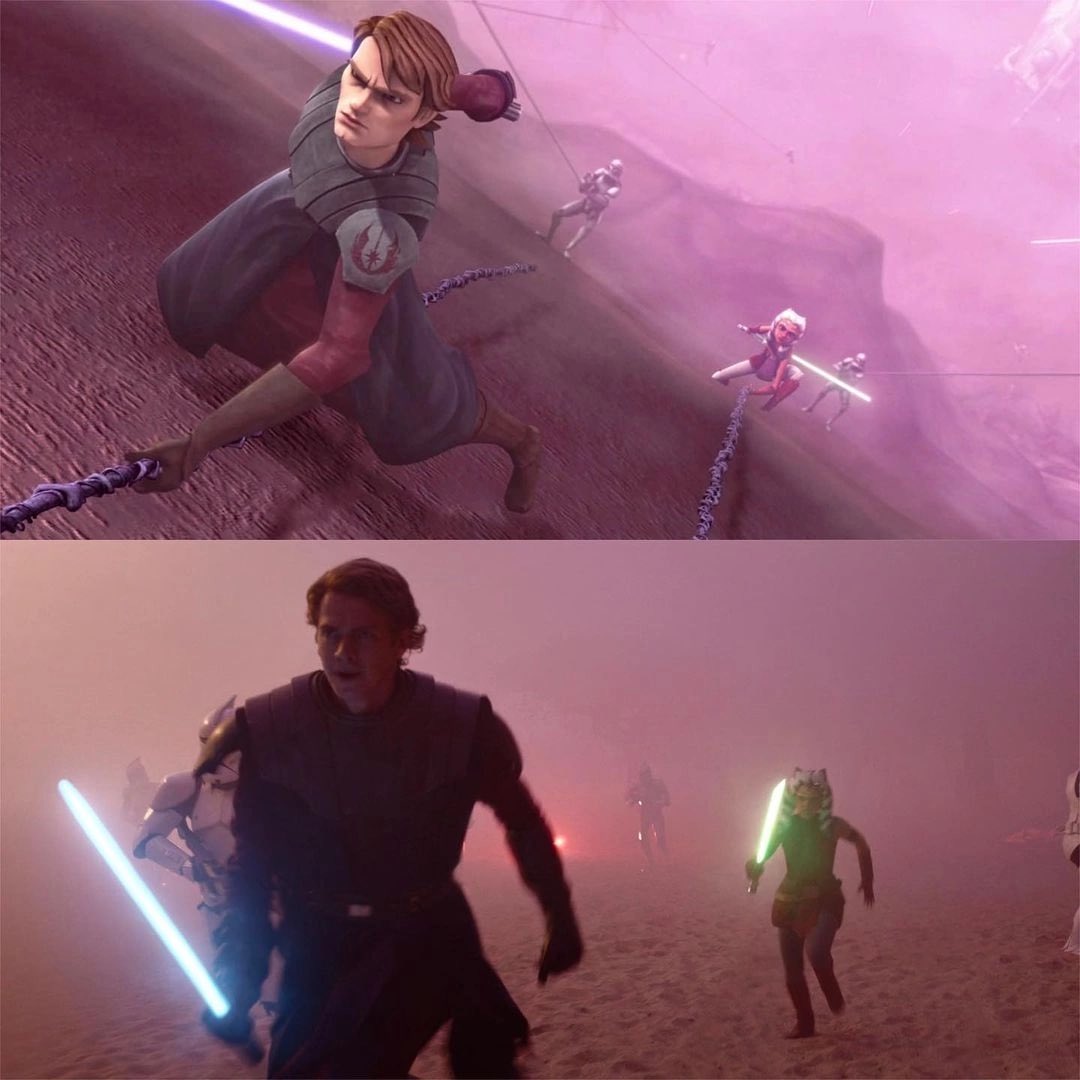 The first flashback in the Ahsoka series is actually from one of their  first battles. From the animated film The Clone Wars, Battle of Teth.