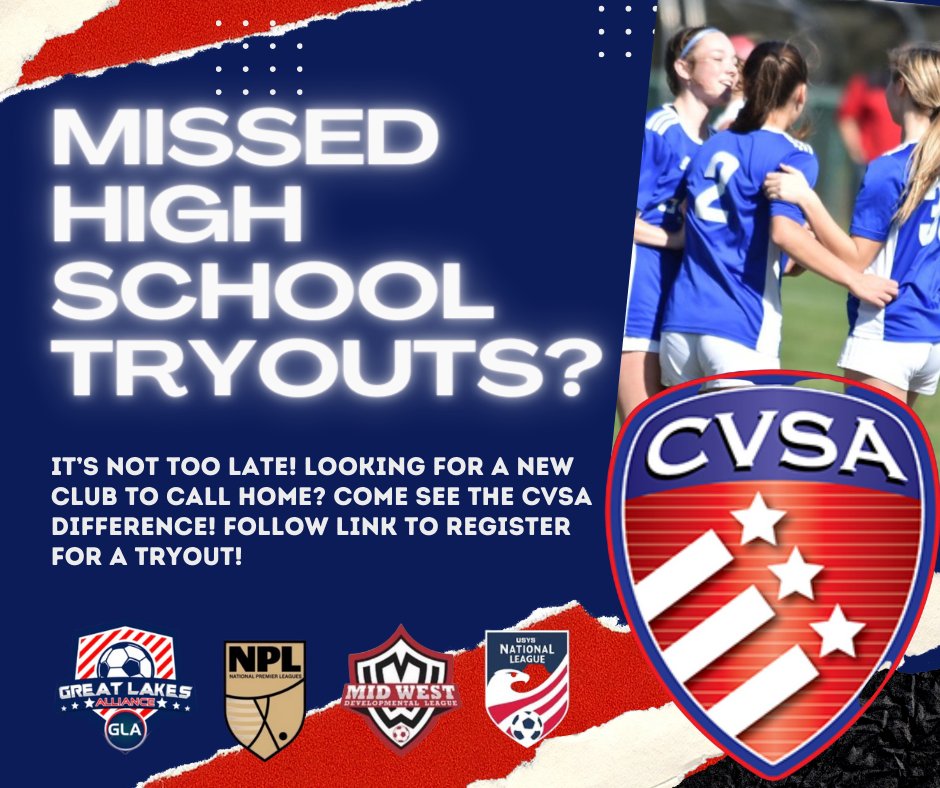 📣📣📣 Missed High School tryouts? Looking for a new place to call home? We invite you to check out CVSA! We offer a wide variety of leagues including local and regional leagues. We strive to promote leadership, sportsmanship and fair play. ⚽️ 
form.jotform.com/232884960372970
