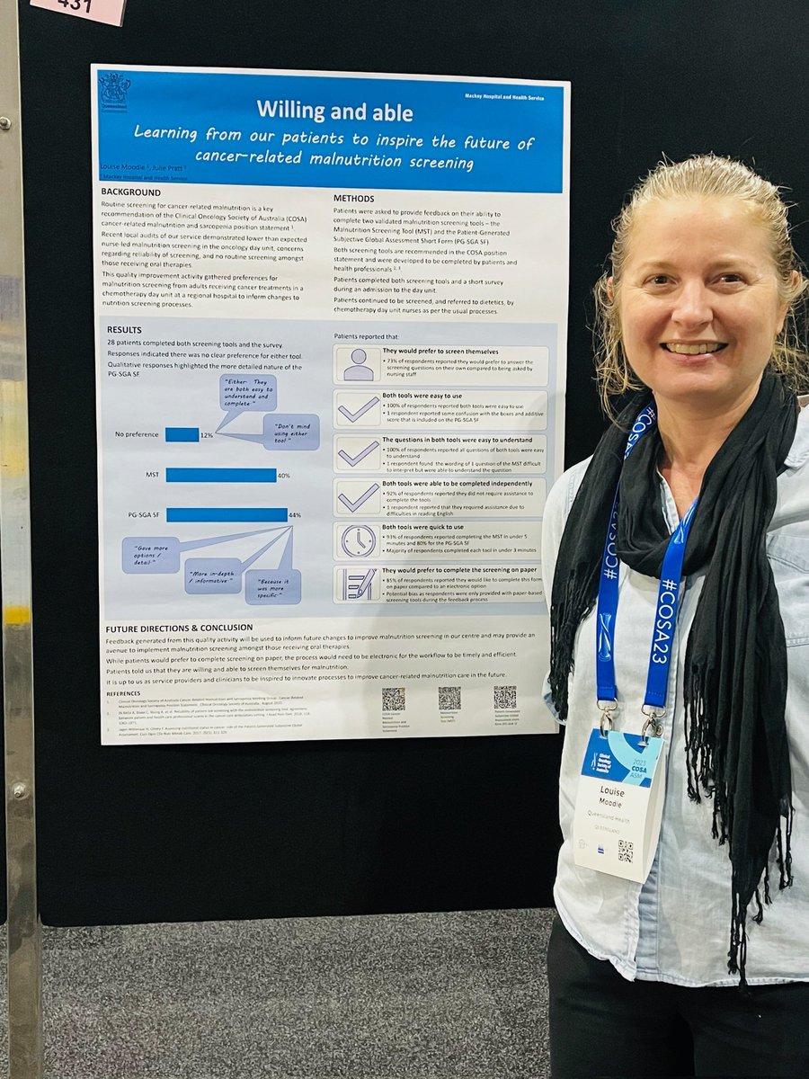 Our patients have told us .... 
✔️ they want to screen themselves for #cancer related #malnutrition 
✔️ the MST & PG-SGA SF are easy to use & understand
✔️ self-screening is quick

Where to next? Watch this space ...

#COSA23 #dietitian