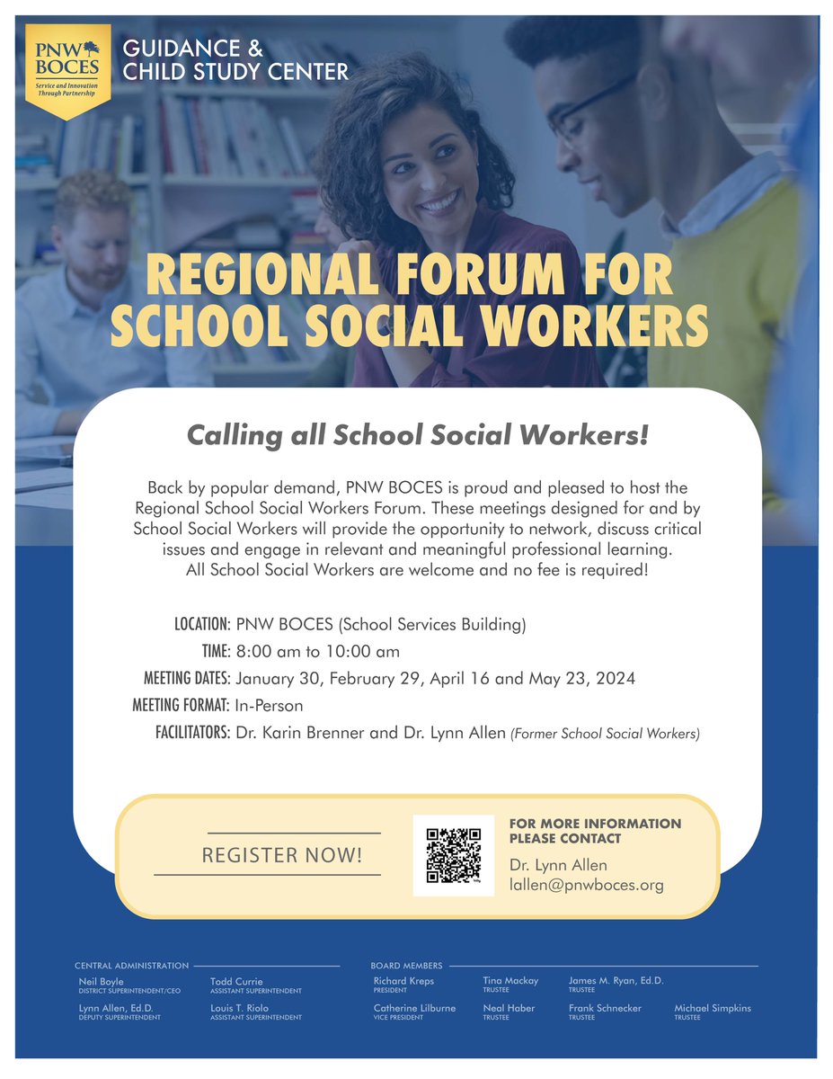 Calling All School Social Workers!  Back by popular demand is the <a href="/pnwboces/">PNW BOCES</a> Regional School Social Workers Forum.  Register for the no cost series to network, connect and learn from other school social workers.  See you there!  <a href="/Ann_LeadnLearn/">A Narcisse</a>