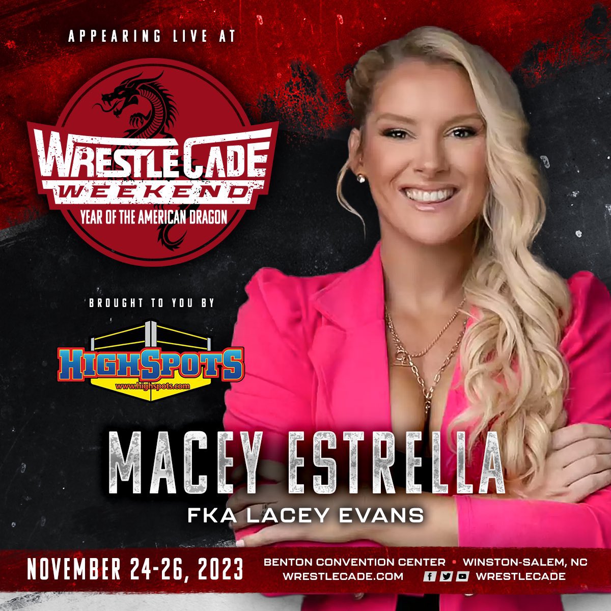 🚨 WrestleCade Weekend returns with @LimitlessMacey fka WWE Superstar Lacey Evans. Brought to you by our friends at @Highspots Benton Convention Center Winston-Salem, NC November 24th - 26th, 2023 🎟 on sale NOW at wrestlecade.com/schedule