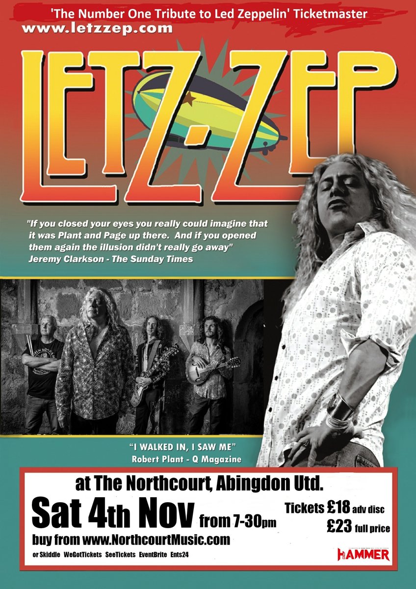 This Saturday 4th Nov @ The Northcourt in Abingdon Letz Zep the ultimate Led Zeppelin tribute as approved by Robert Plant & Jimmy Page. Discounted advance tickets only available until Midnight Friday and then full price. Save £5 a ticket & buy now from NorthcourtMusic.com/whatson.html