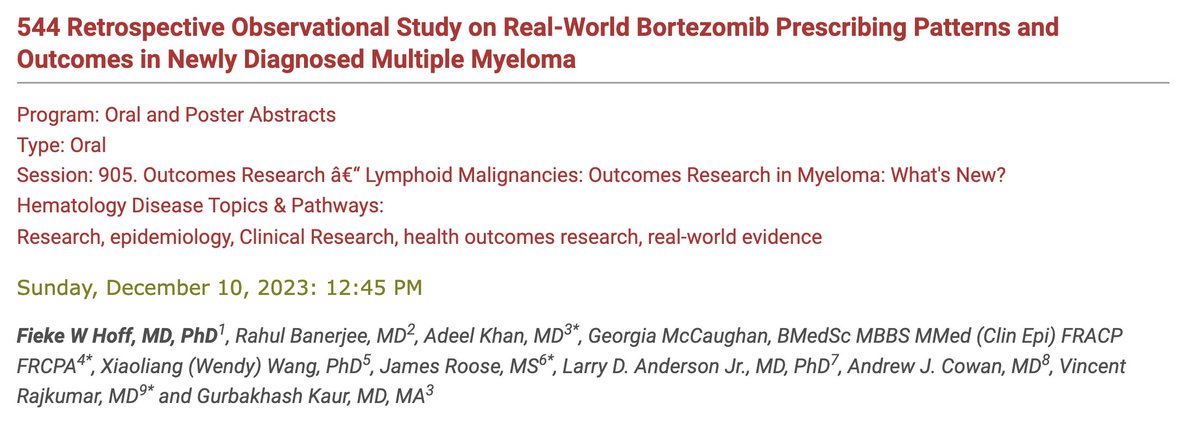 Excellent use of real-world data Confirms previous smaller data fairly conclusively n=2,522, 36.8% twice a week bortezomib, 63.2% once week No difference in efficacy outcomes (even though high-risk was more likely to be given twice week) tinyurl.com/yn49z78v #mmsm #ASH23