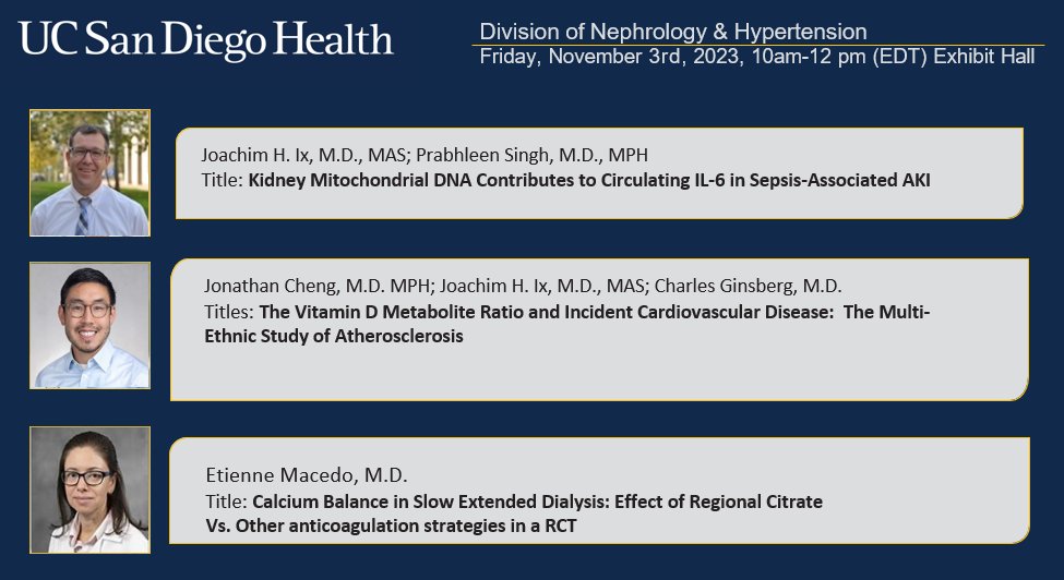 Stop by these posters from the @ucsdnephrology team tomorrow at #KidneyWk with Drs @Sheena_Singh15 , @LAwdishu, Joachim Ix, @iRakeshMalhotra , @ginsbergcharles , @renal_jon , Ettiene Macedo, Volker Vallon, Clarkson Crane. #womeninnephrology, @ixlab