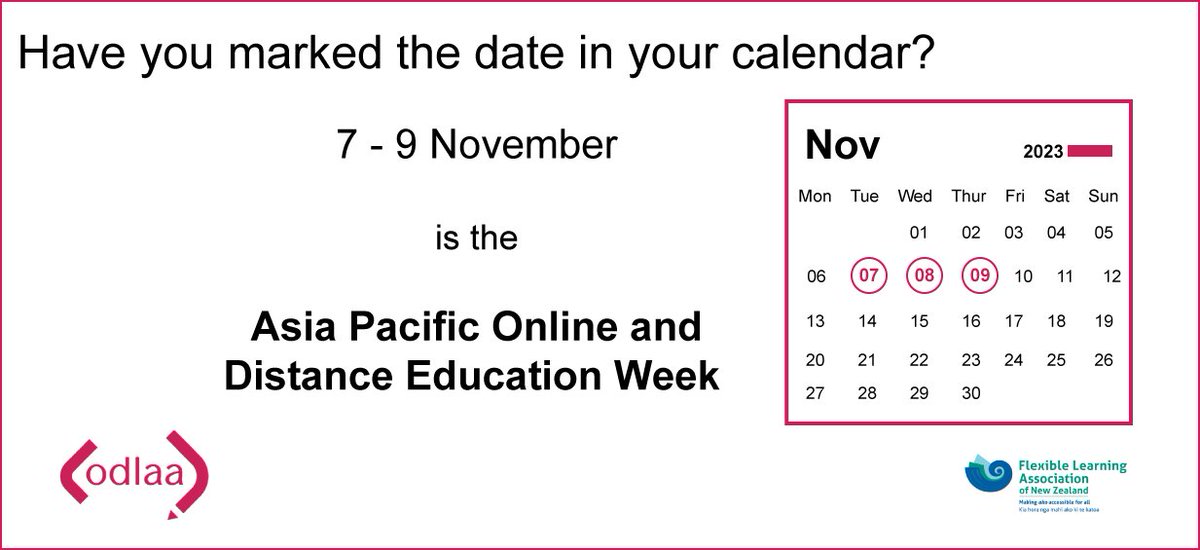ODLAA and FLANZ are excited to be contributing to the Asia Pacific Open and Distance Learning Week with three presentations: Digital assessment, Gettiing Started with UDL and the Joy of Online Learning. Register today: odlaa.org/apode-week-202… <a href="/FlexLearnNZ/">FLANZ</a>  #ODLAA #APODE