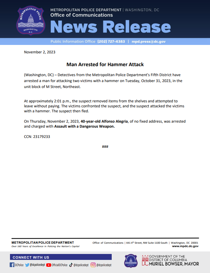 Man Arrested for Hammer Attack

Read more: mpdc.dc.gov/release/man-ar…