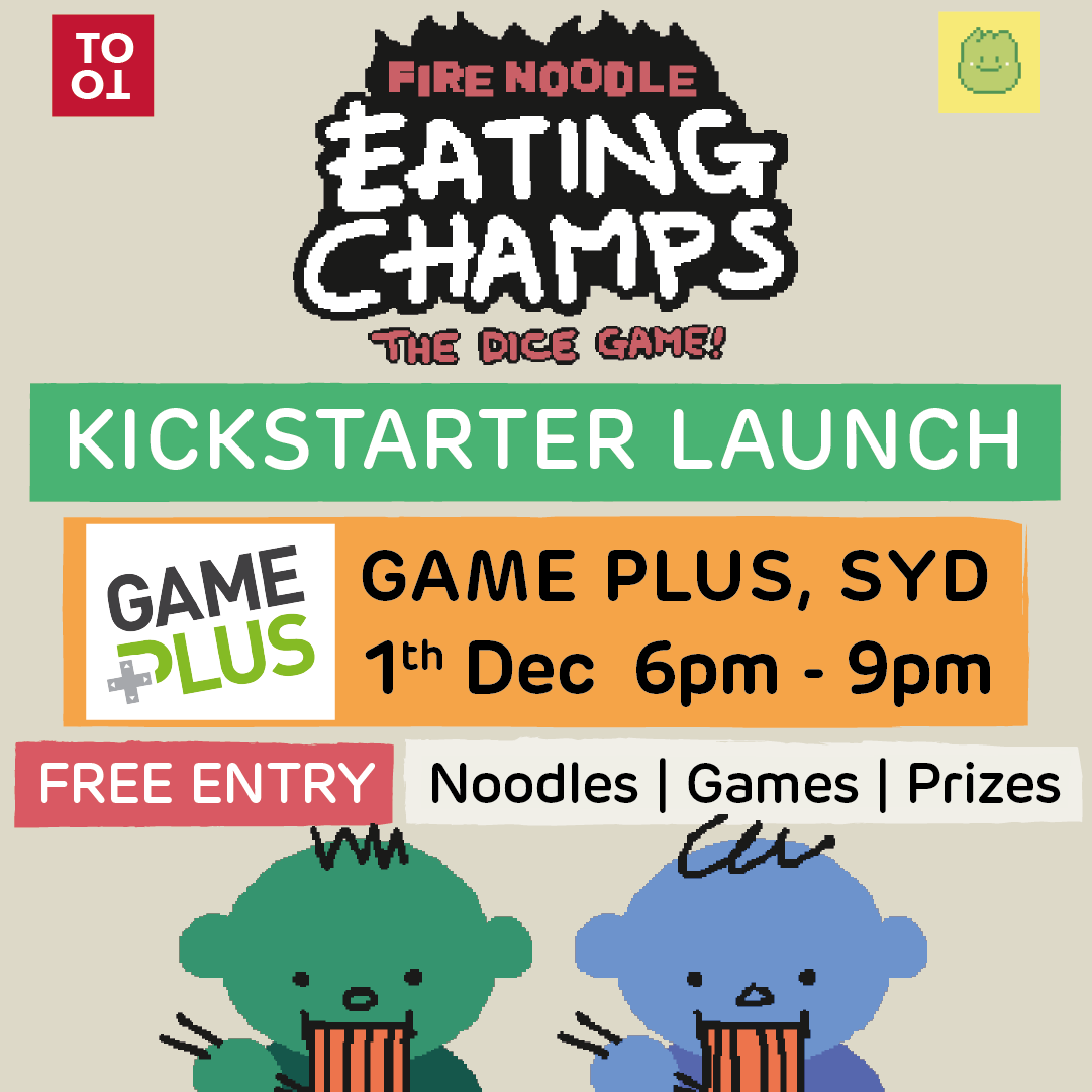 _tototam's tweet photo. 🔥The Fire Noodle Eating Contest is about to begin!

I'll be hosting a @Kickstarter launch party at @workatgameplus, Sydney.

🏠 Game Plus, Sydney
📍406/22 Mountain St, Ultimo NSW 2007
🗓️ Friday 1st Dec | 6pm - 9pm
🎟️ Free Entry! https://t.co/a8hC8coGnH