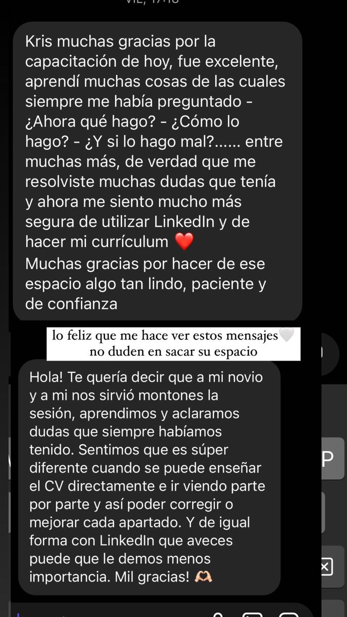 Hola🤍 Quería contarles que estoy dando capacitaciones de como crear un CV y de como hacer un profile de Linkedln llamativo🪄 Abajo pueden ver algunas de las reseñas que he tenido. Amo lo que hago y soy feliz ayudando al que lo necesite. Cualquier cosa por DM🫶🏻