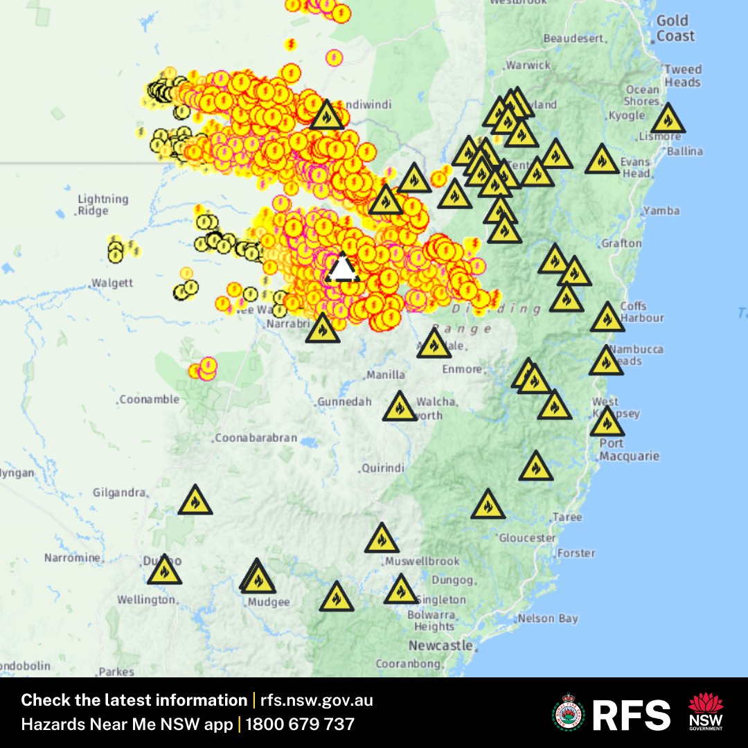 Lightning strikes have been detected in the north of the state, west of the current fire activity near Tenterfield. It's important you check your property for any new fires. Report all unattended fires to Triple Zero (000) immediately. rfs.nsw.gov.au/fnm #NSWRFS