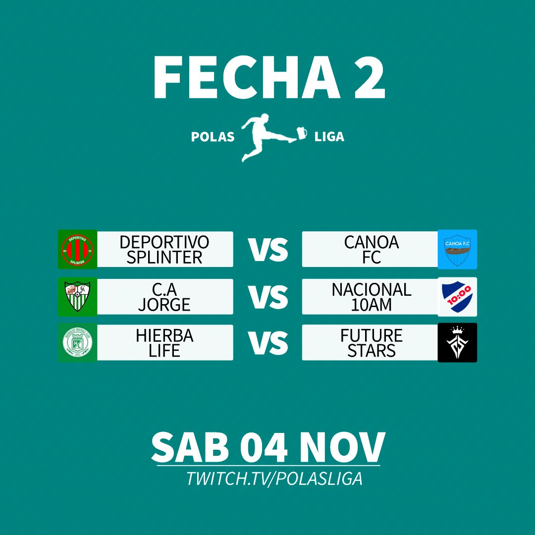 🅱️ ¡SE JUGARÁ LA SEGUNDA FECHA! ¡LA SEGUNDA DIVISIÓN YA TIENE PROGRAMA!

ℹ️ Se juega la #PolasLigaB con su #Fecha2. <a href="/NChorrillo/">Nuevo Chorrillo</a> tendrá fecha libre.

📆 Sábado, 4 de noviembre
⏰ 17hrs🇨🇴 19hrs🇦🇷 23hrs🇪🇸
📺 twitch.tv/polasliga