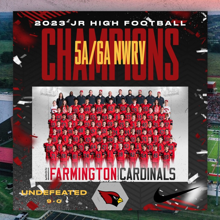 farmcards's tweet photo. Farmington Jr High Football completes an undefeated season and outright 6A/5A NWRV Conference Championship with a win over Prairie Grove tonight! Congratulations to Coach Covington and his players! #CardinalNation #VVR https://t.co/yogPoqMZcA