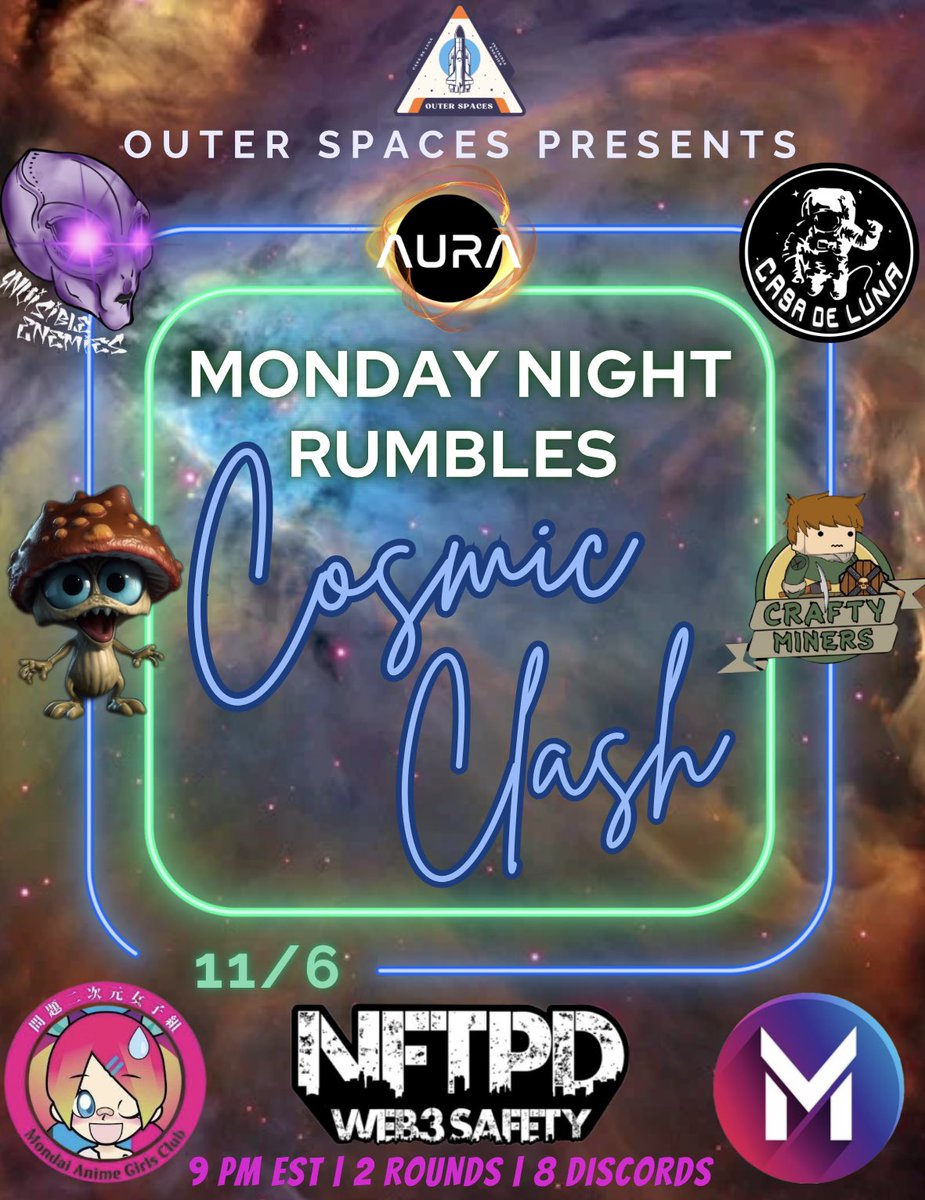 We’re back this Monday for our rumble royal showdown! This week you want to join the following discords to play: <a href="/InvisibleEnemie/">Invisible Enemies</a> @CasaDeLunaNFT <a href="/AuraExchange/">Aura Hub</a> <a href="/ProjectNFTPD/">•NFTPD•</a> <a href="/mentaversenft/">+Mentaverse nft's</a> <a href="/Crafty_Miners/">CraftyMiners.eth</a> @rauDesign <a href="/TheFungles/">FungusMungus</a>