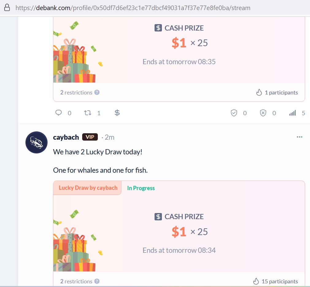 TienCypress's tweet photo. If you are a follower of @Caybach in @DeBankDeFi you can receive 100 $CP #CypressCoin and a chance to receive 500 CP.
The task:
1) Follow, Like, Repost and tag 3 your friends
2) Comment your Debank address and we will send CP to it.

Else we are giving away 50 USD in Debank! https://t.co/m6djI4CKkZ