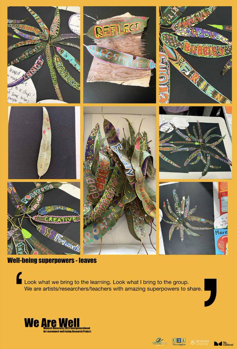 WE ARE WELL is an intergenerational partnership between <a href="/MonashEducation/">Monash Education</a>, local First Peoples, McClelland Gallery, U3A, Rotary, Primary school teachers and their students.  Movement &amp; art help us explore our health and wellbeing superpowers and how to nurture them.