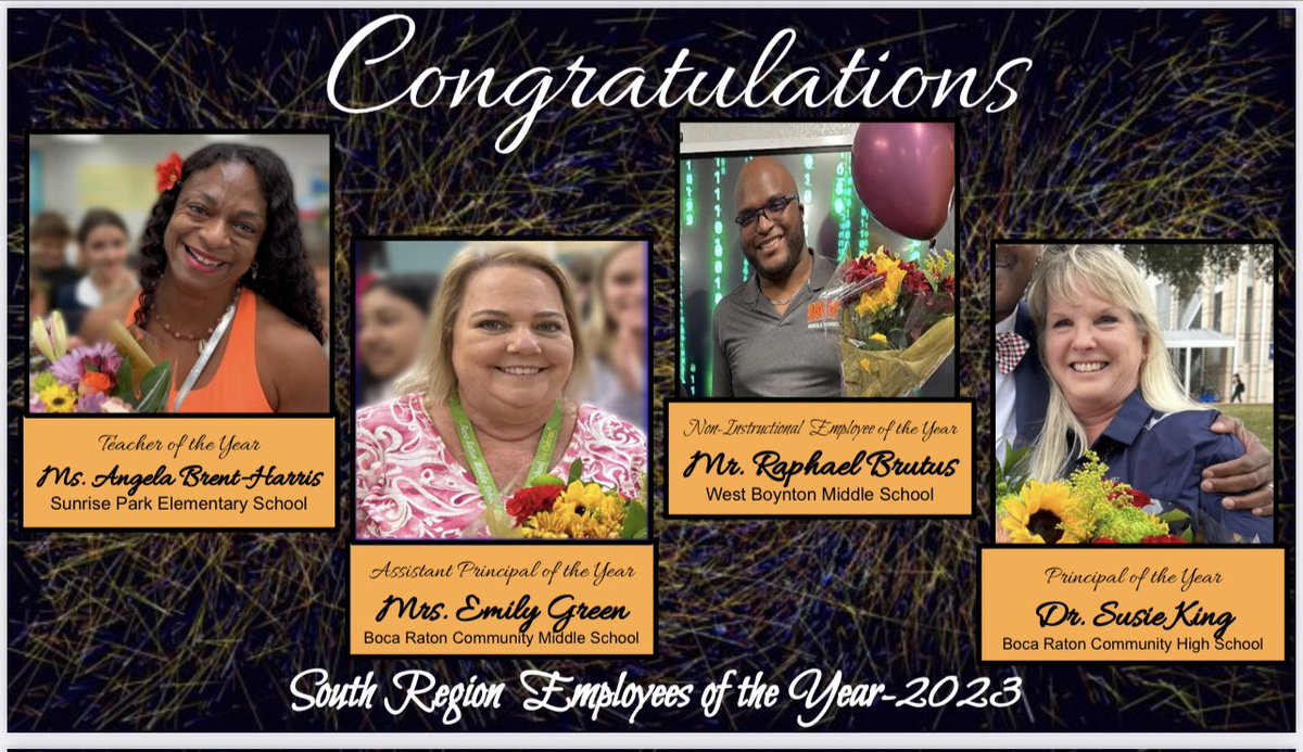 📣 Congratulations are in order for our Extraordinary South Region Employees of the Year 🏆 📚Ms. Brent Harris, Teacher of the Year 📋Mrs. Green, Assistant Principal of the Year 💻 Mr. Brutus, Non-Instructional Employee of the Year 🎓Dr. King, Principal of the Year