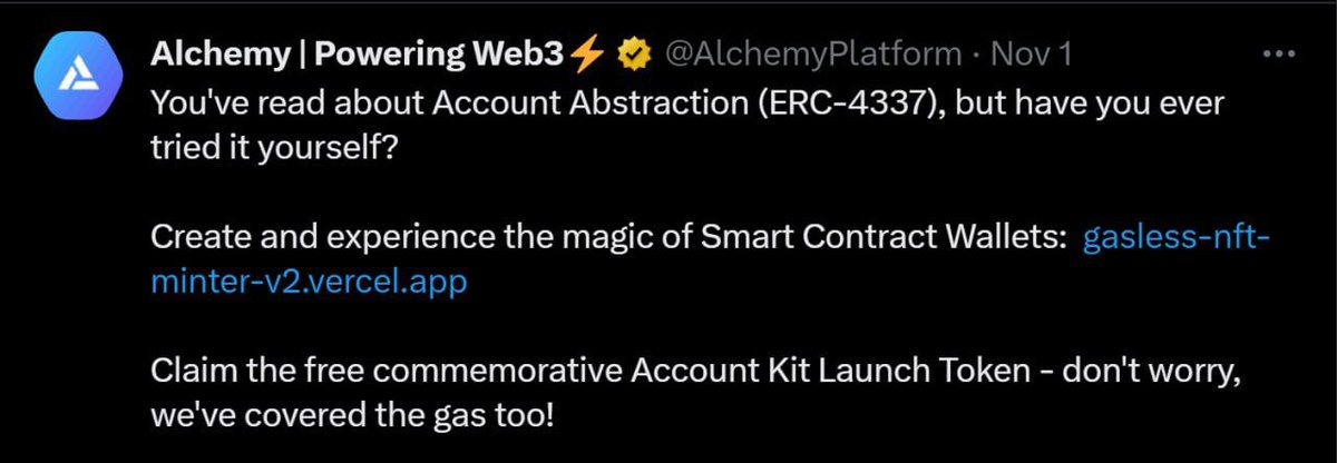 Alchemy $NFT EVENT
🔥 Claim FREE Account Kit NFT

👉 gasless-nft-minter-v2.vercel.app
👉 Verify Email &amp; Mint
👉 Click "TRANSFER"
👉 Send the NFT to your wallet
👉 No gas fee needed